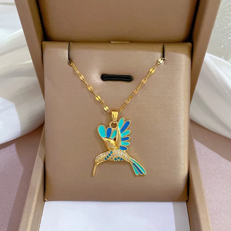 316L Stainless Steel Blue Hummingbird Bird Pendant Necklace For Women