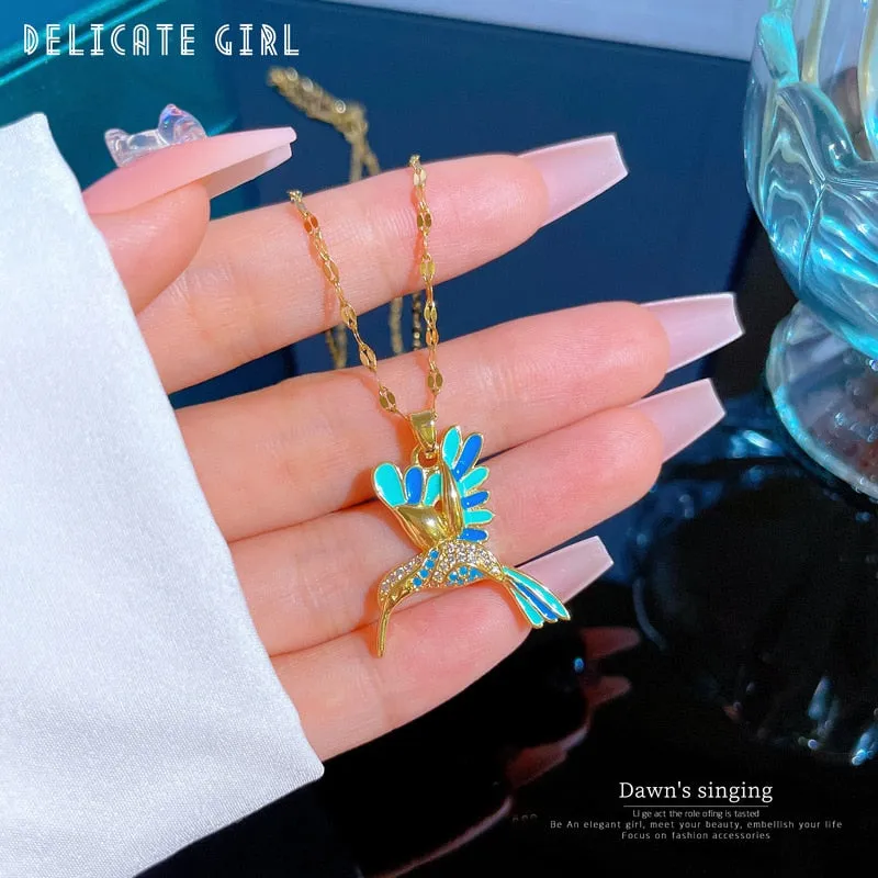 316L Stainless Steel Blue Hummingbird Bird Pendant Necklace For Women