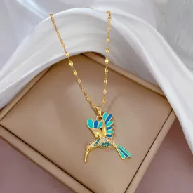 316L Stainless Steel Blue Hummingbird Bird Pendant Necklace For Women