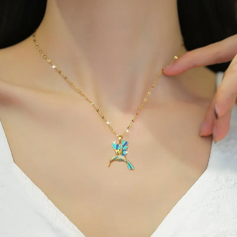 316L Stainless Steel Blue Hummingbird Bird Pendant Necklace For Women