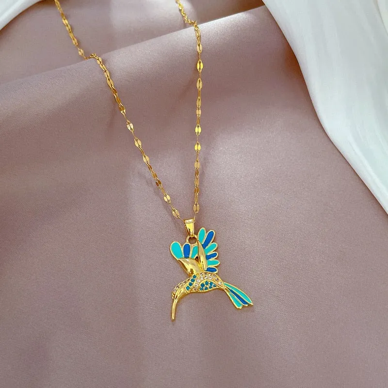 316L Stainless Steel Blue Hummingbird Bird Pendant Necklace For Women