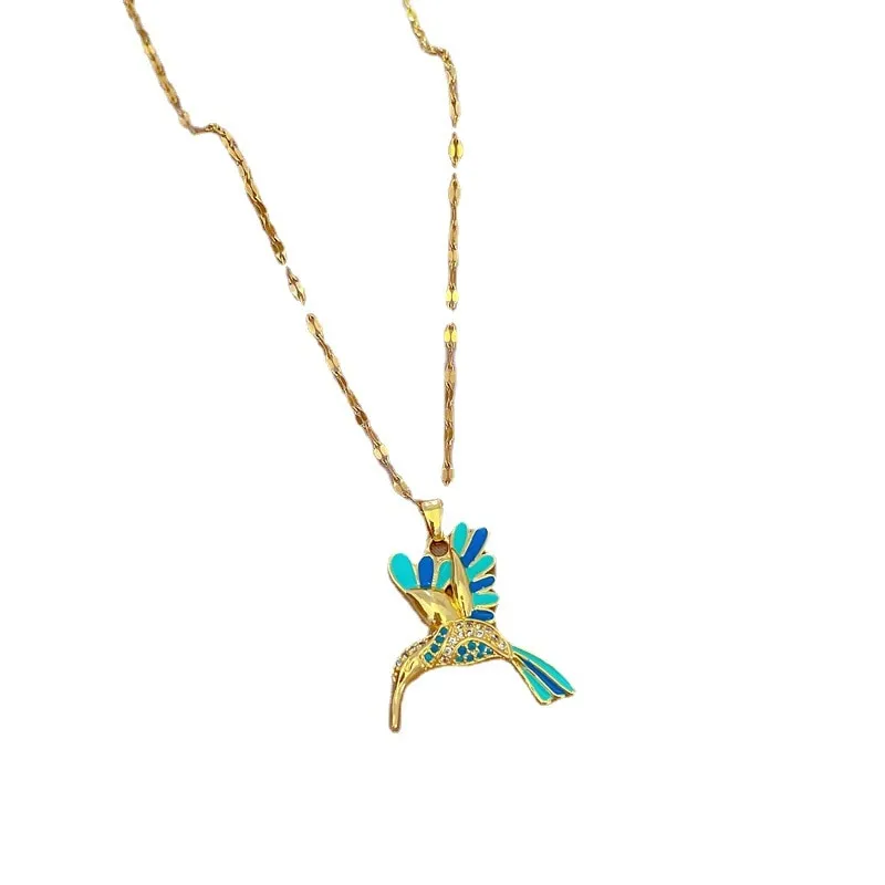 316L Stainless Steel Blue Hummingbird Bird Pendant Necklace For Women