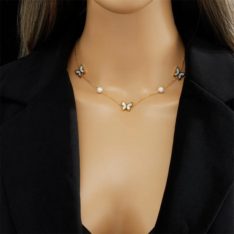 316L Stainless Steel Butterfly Pearl Pendant Necklace For Women