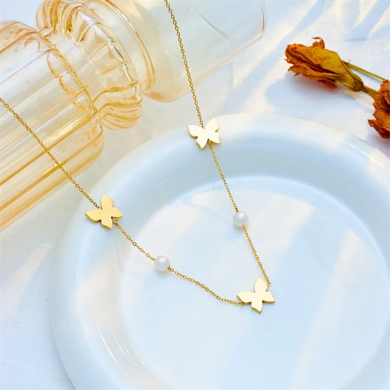 316L Stainless Steel Butterfly Pearl Pendant Necklace For Women