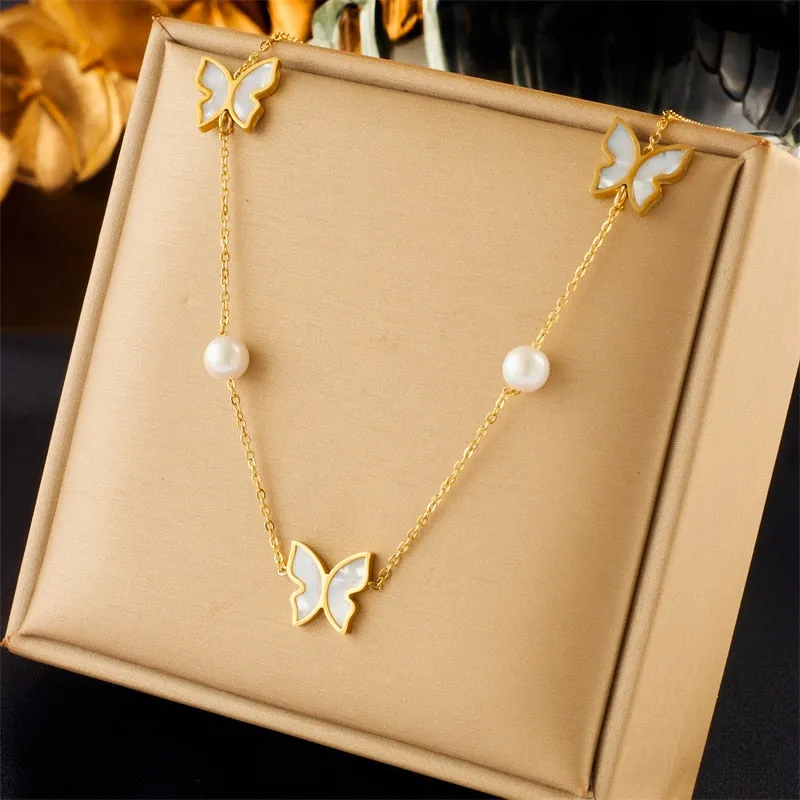 316L Stainless Steel Butterfly Pearl Pendant Necklace For Women