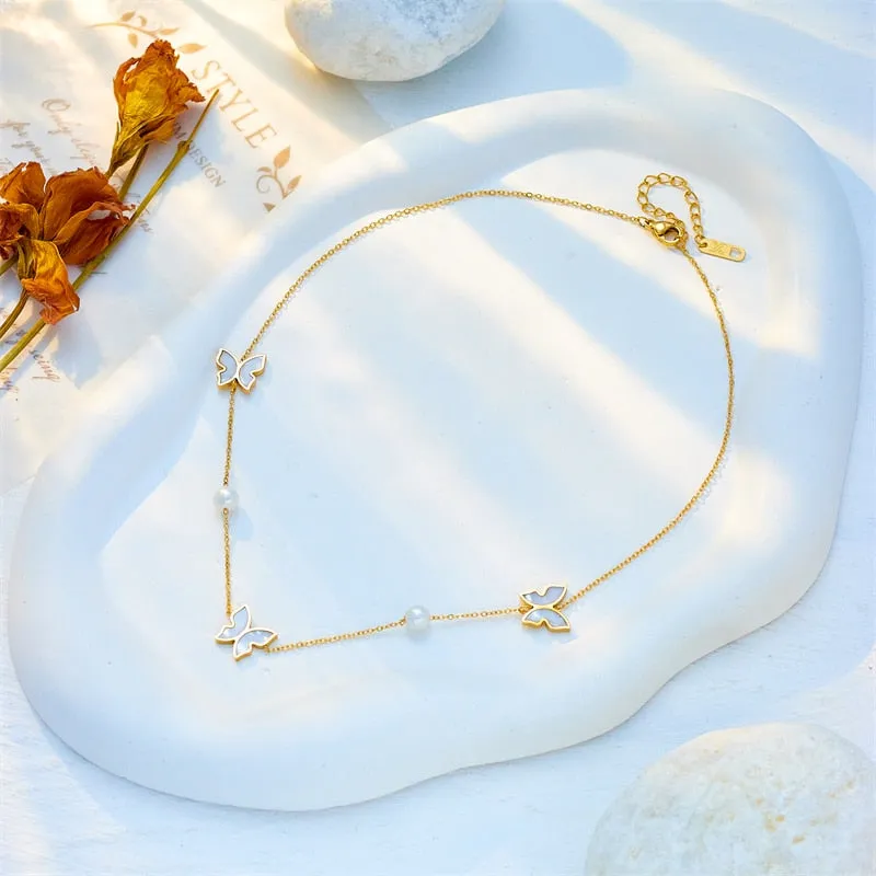 316L Stainless Steel Butterfly Pearl Pendant Necklace For Women