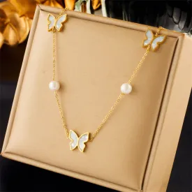 316L Stainless Steel Butterfly Pearl Pendant Necklace For Women