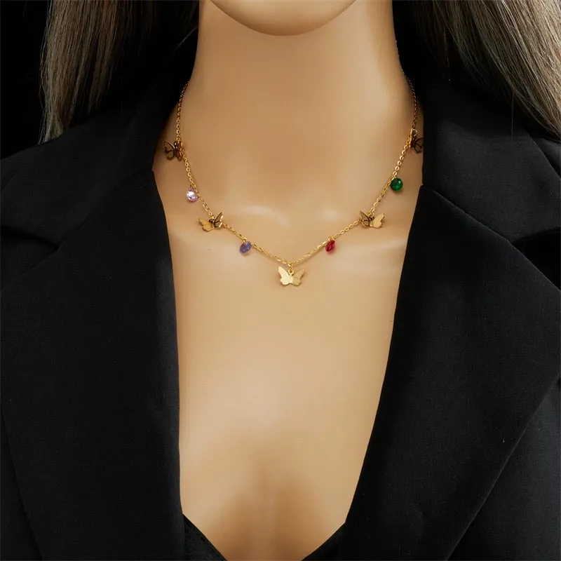 316L Stainless Steel Colorful Zircon Butterfly Pendant Necklace For Women
