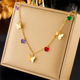 316L Stainless Steel Colorful Zircon Butterfly Pendant Necklace For Women