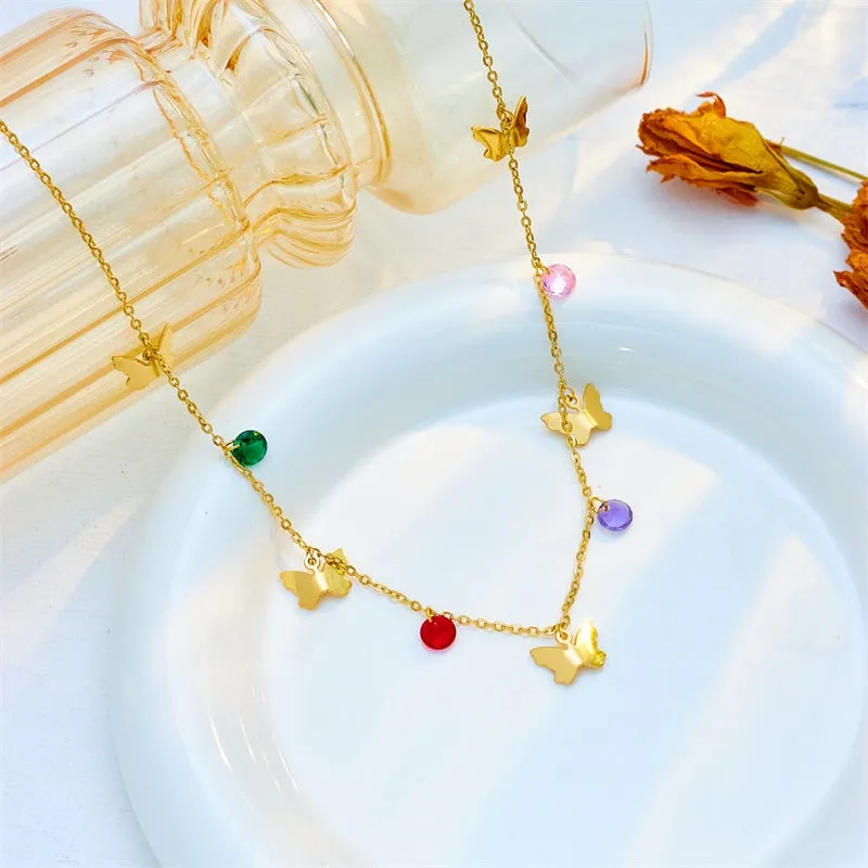 316L Stainless Steel Colorful Zircon Butterfly Pendant Necklace For Women
