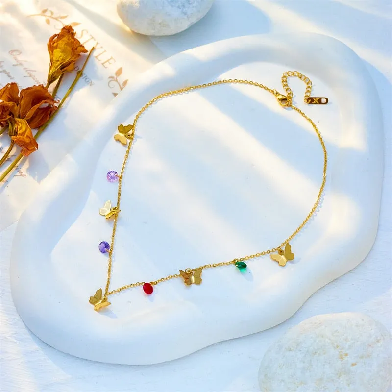 316L Stainless Steel Colorful Zircon Butterfly Pendant Necklace For Women