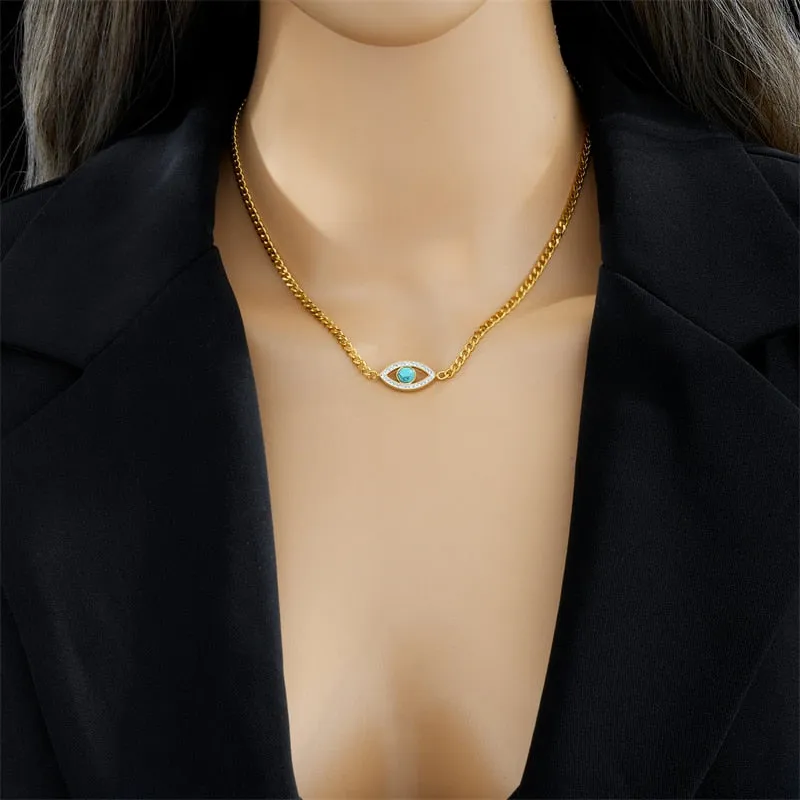 316L Stainless Steel Eye Green Stone Pendant Necklace For Women