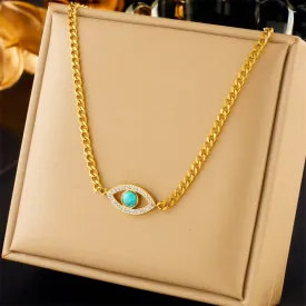 316L Stainless Steel Eye Green Stone Pendant Necklace For Women