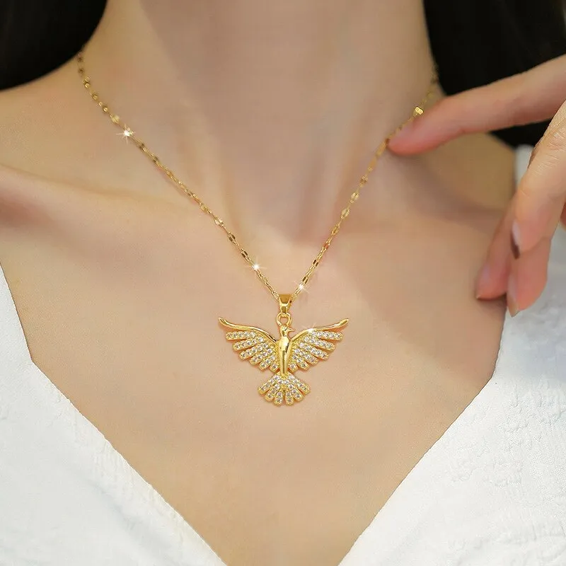 316L Stainless Steel Gold Plated Phoenix Animal Zircon Necklace For Women