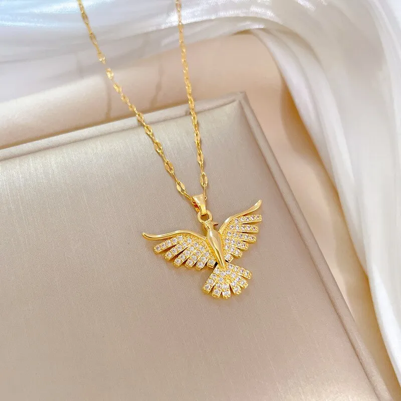 316L Stainless Steel Gold Plated Phoenix Animal Zircon Necklace For Women