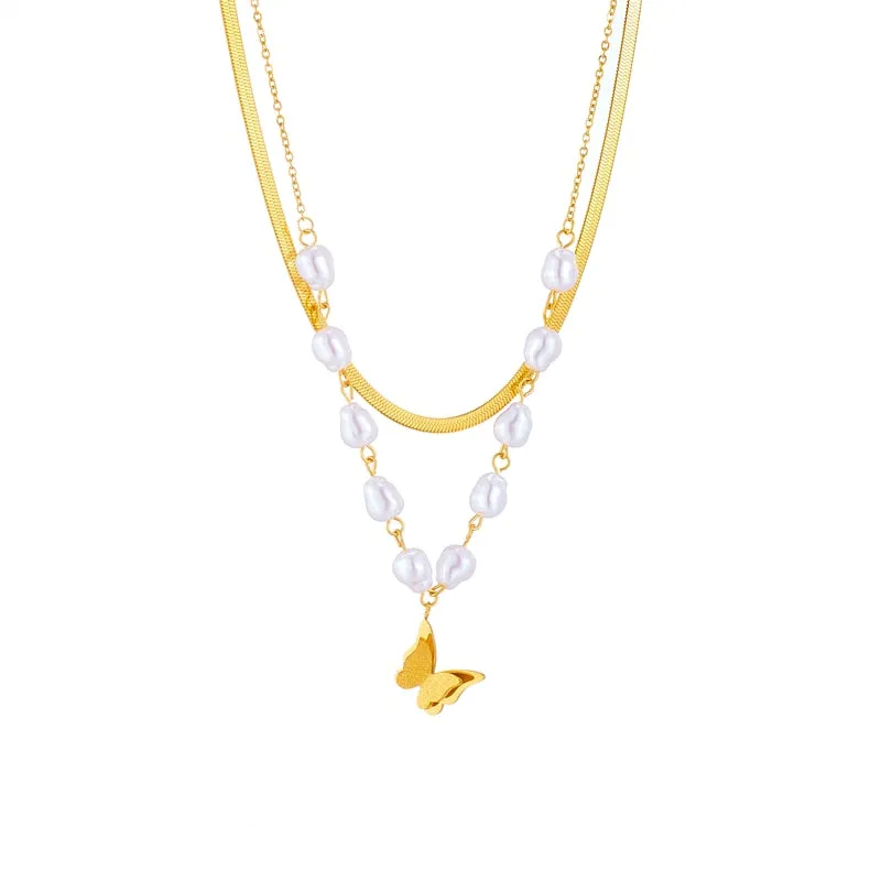 316L Stainless Steel Pearl Butterfly Pendant Necklace For Women