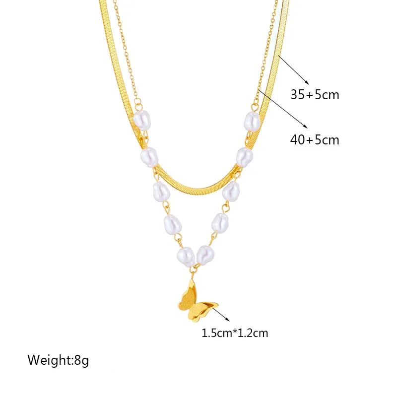 316L Stainless Steel Pearl Butterfly Pendant Necklace For Women