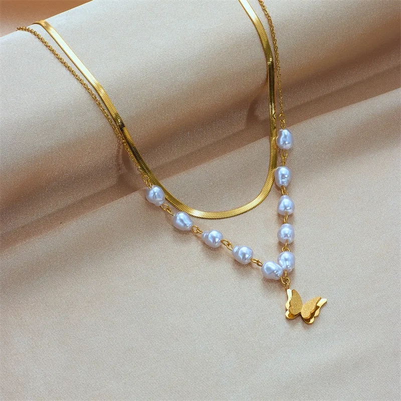 316L Stainless Steel Pearl Butterfly Pendant Necklace For Women