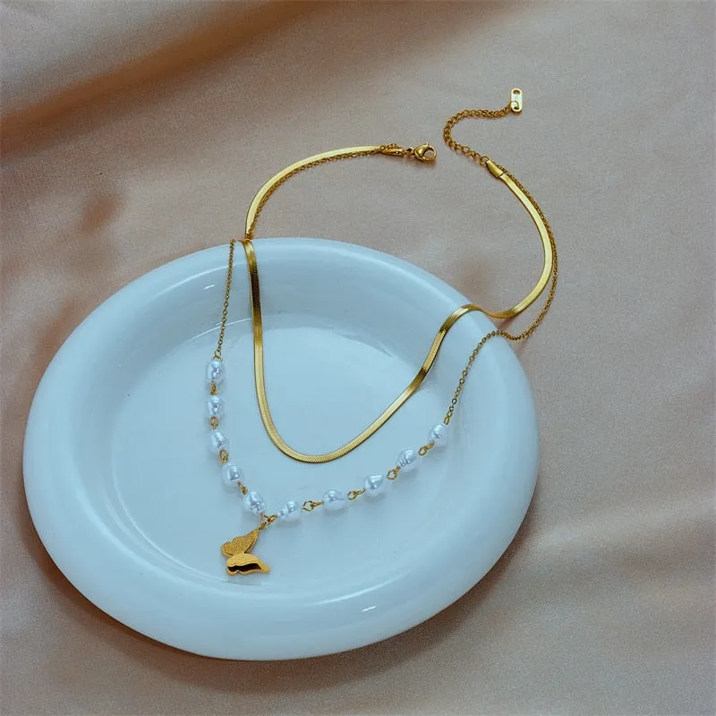 316L Stainless Steel Pearl Butterfly Pendant Necklace For Women