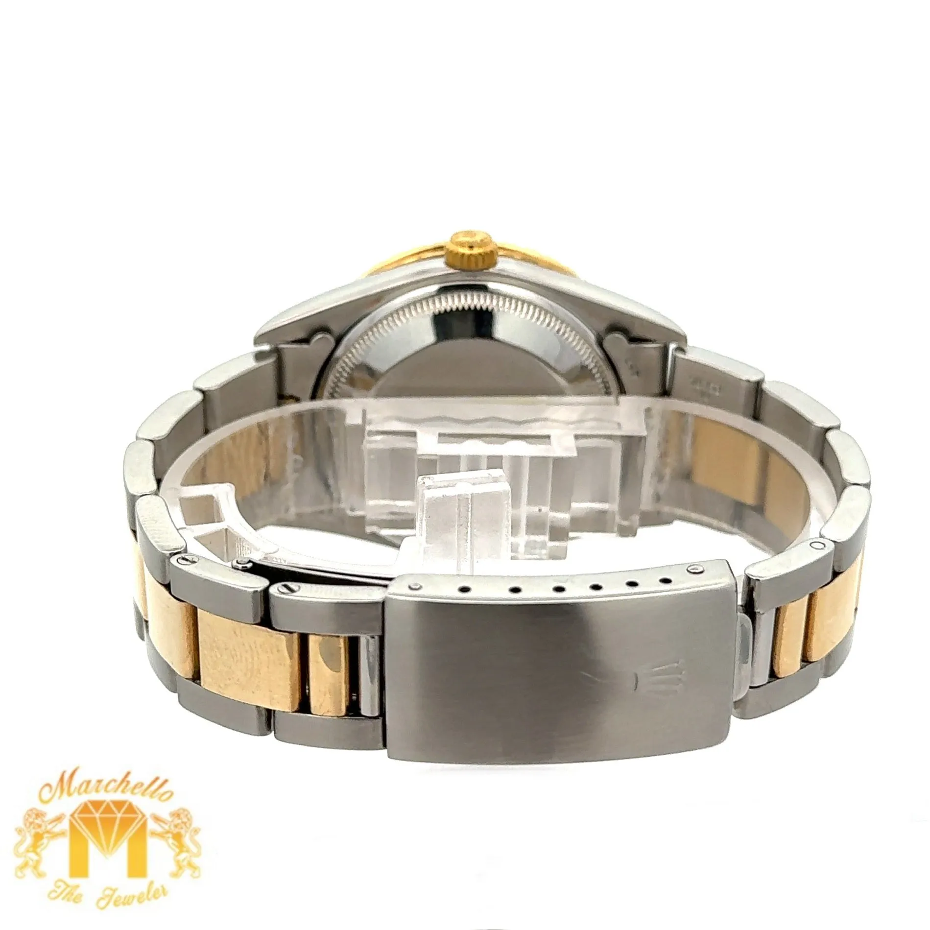 34mm Rolex Diamond Watch with Two-Tone Oyster Bracelet (diamond red mother of pearl dial, diamond bezel)