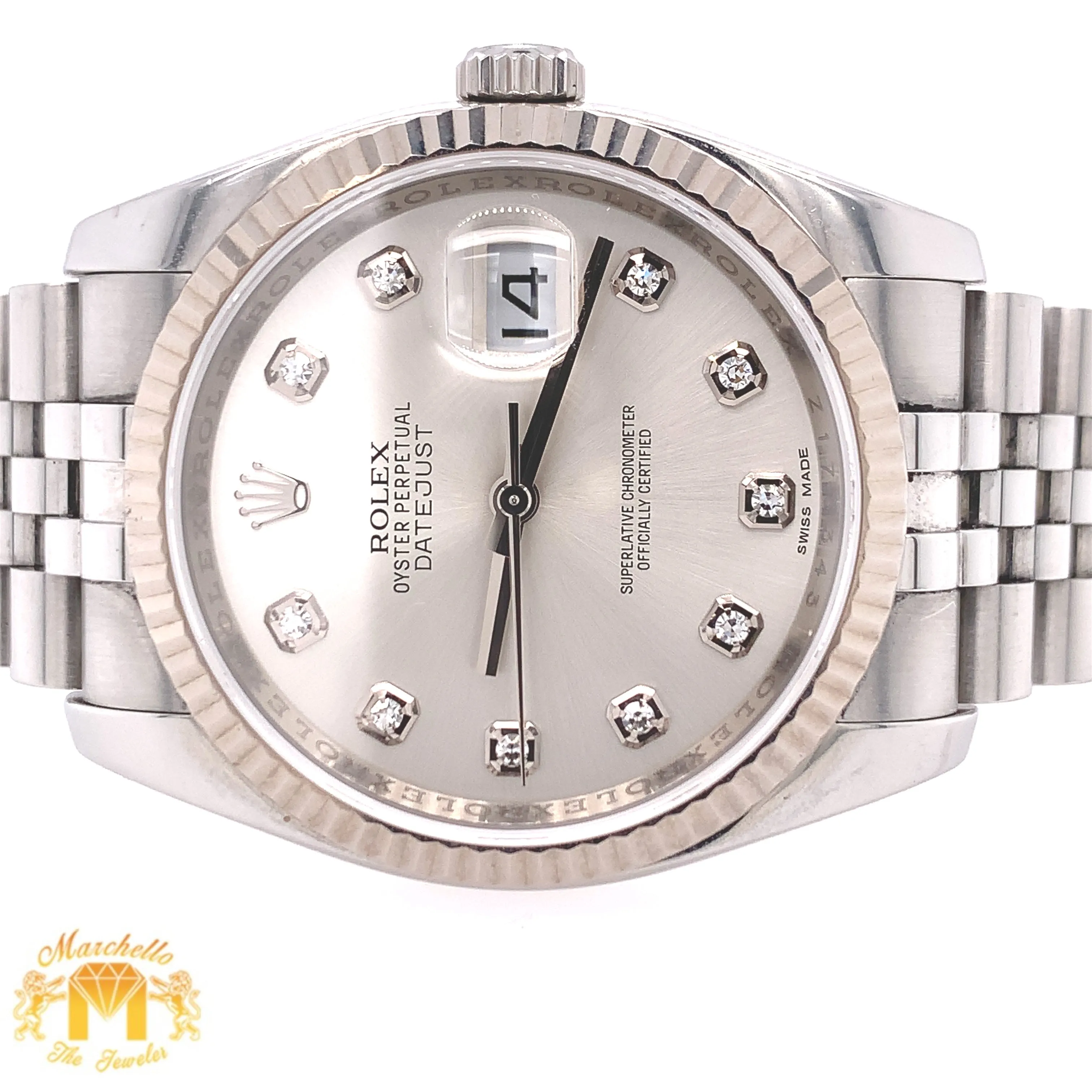 36mm Rolex Datejust Watch with Stainless Steel Jubilee Bracelet (fluted bezel, factory diamond dial, newer model)