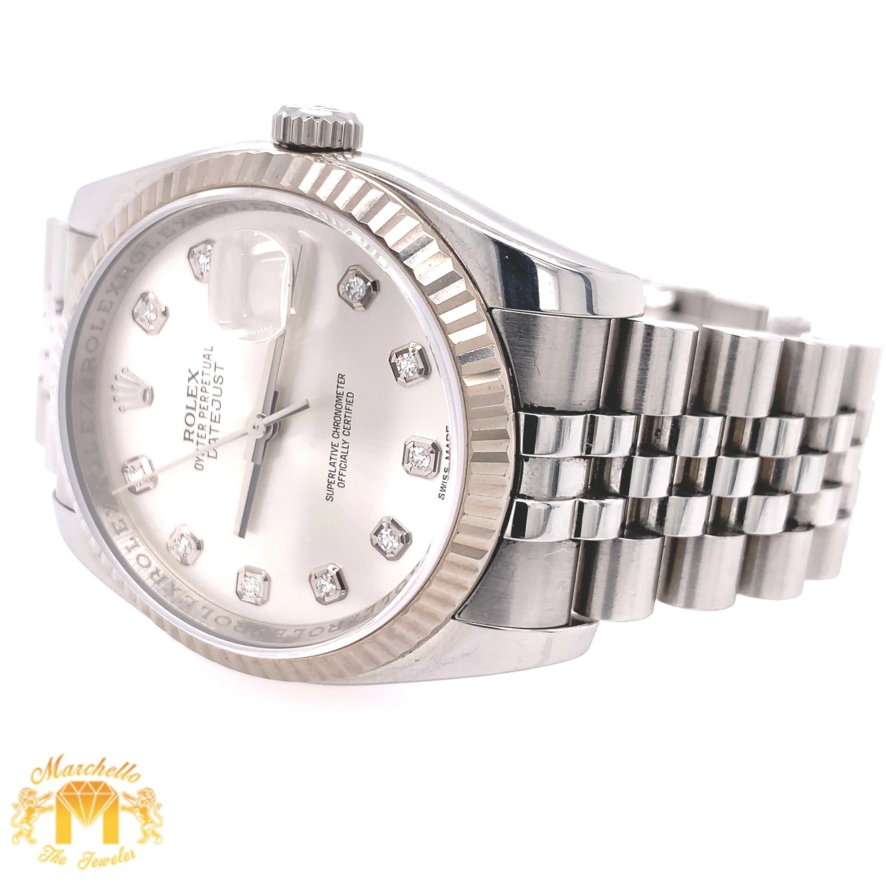 36mm Rolex Datejust Watch with Stainless Steel Jubilee Bracelet (fluted bezel, factory diamond dial, newer model)