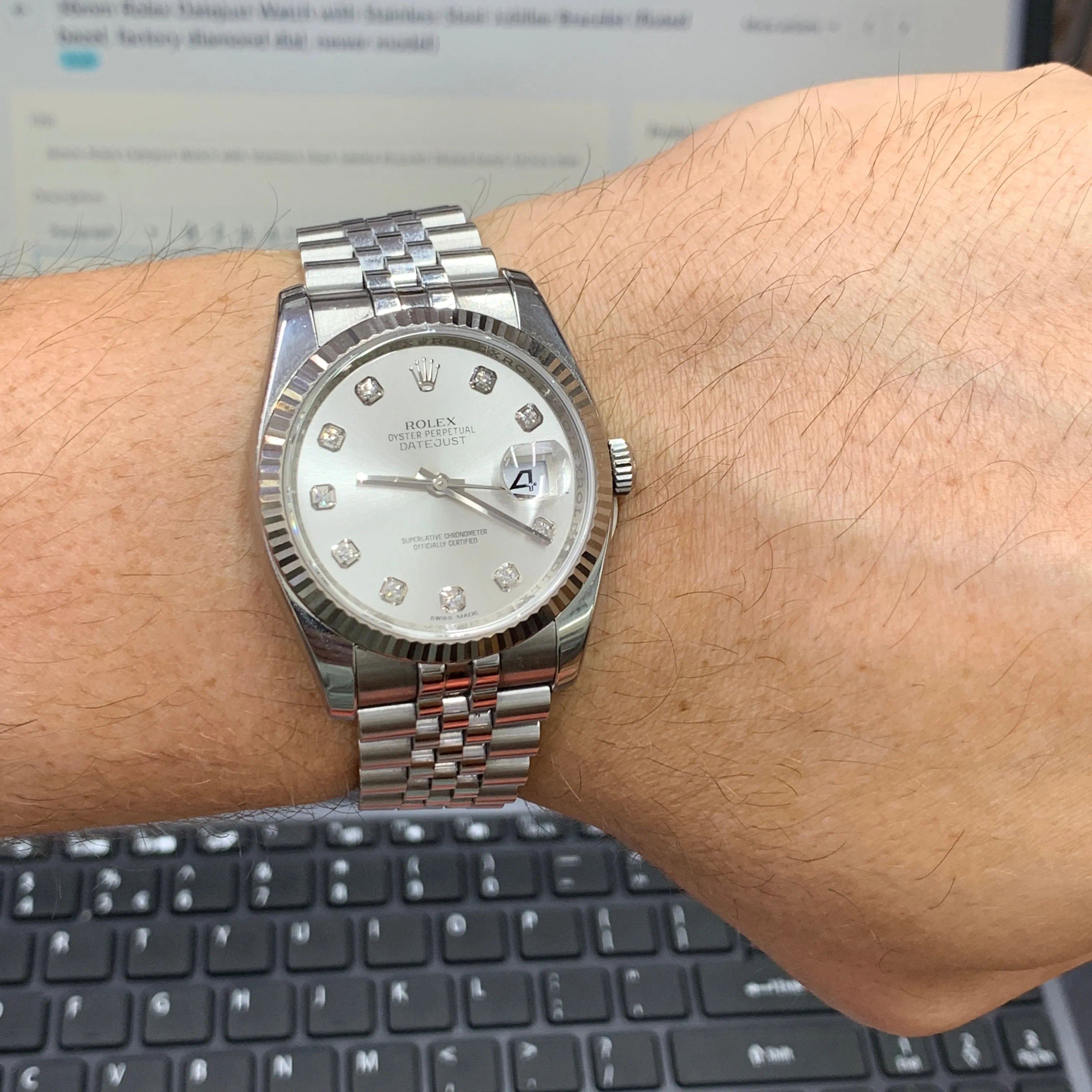 36mm Rolex Datejust Watch with Stainless Steel Jubilee Bracelet (fluted bezel, factory diamond dial, newer model)