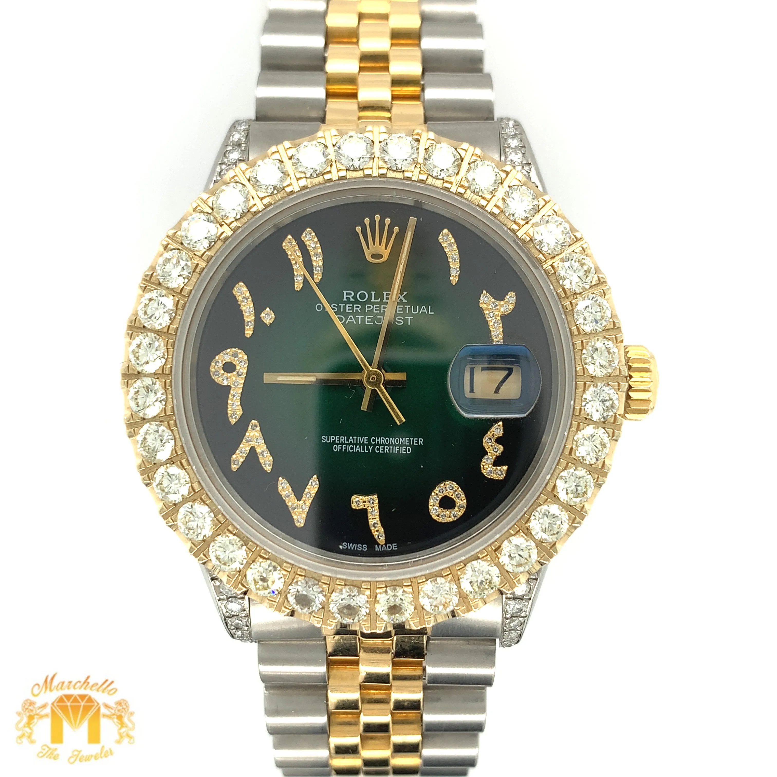 4ct Diamond 36mm Rolex Datejust Watch with Two-tone Jubilee Bracelet (dark green dial, quick-set)