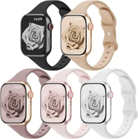 5 Pack Silicone Slim Bands Compatible with Apple Watch Band 38mm 42mm 40mm 44mm 41mm 45mm 46mm 49mm, Soft Narrow Sport Strap Thin Wristband for iWatch Series 10/9/8/7/SE/6/5/4/3/2/1/Ultra Women Men