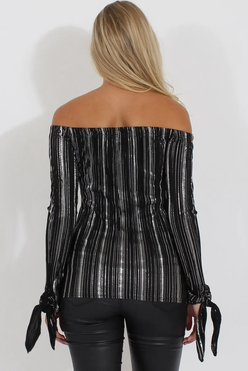 Black Pleated Tie Cuff Bardot Top - Marcia
