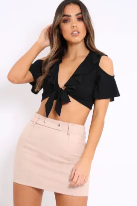 Black Tie Front Cold Shoulder Crop Top - Ellinor
