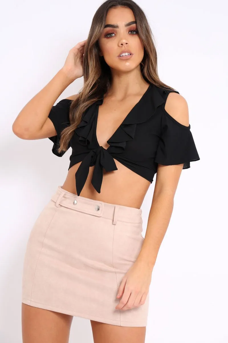 Black Tie Front Cold Shoulder Crop Top - Ellinor