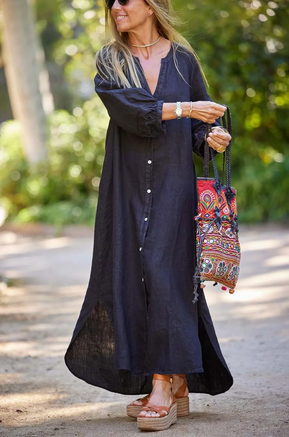 chouyatou Women Summer Long Sleeve Notch Neck Maxi Linen Shirt Dress Loose Button Down Tunic Shift Dress
