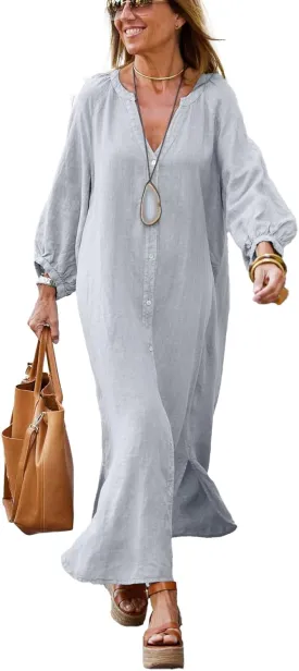 chouyatou Women Summer Long Sleeve Notch Neck Maxi Linen Shirt Dress Loose Button Down Tunic Shift Dress