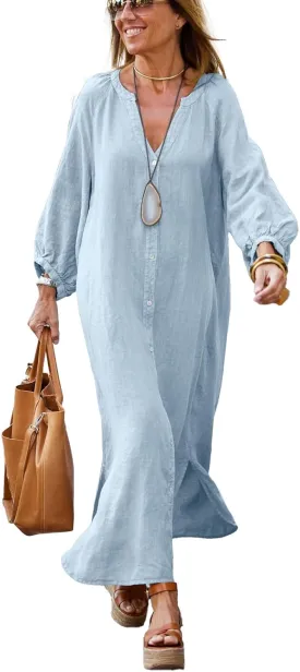 chouyatou Women Summer Long Sleeve Notch Neck Maxi Linen Shirt Dress Loose Button Down Tunic Shift Dress