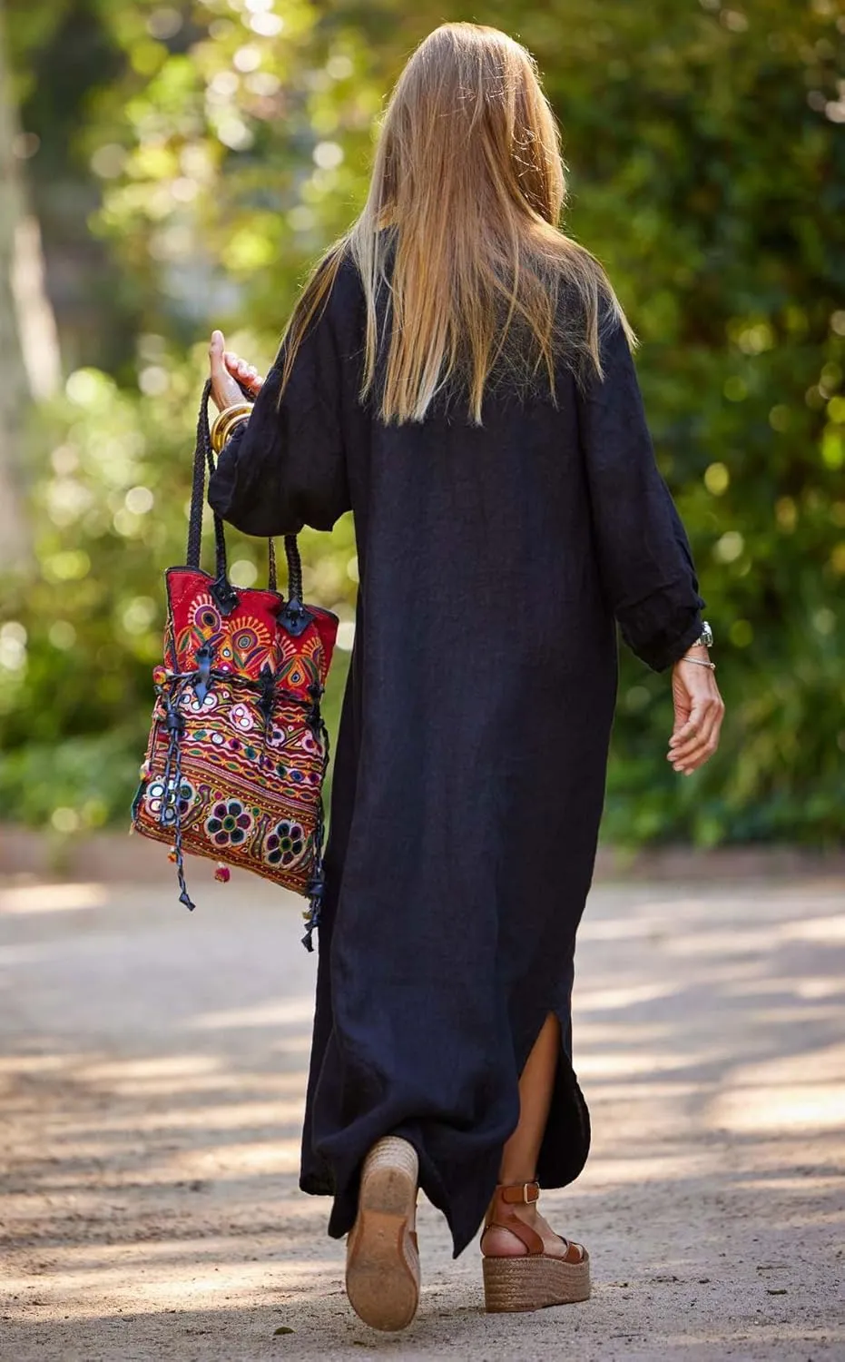 chouyatou Women Summer Long Sleeve Notch Neck Maxi Linen Shirt Dress Loose Button Down Tunic Shift Dress