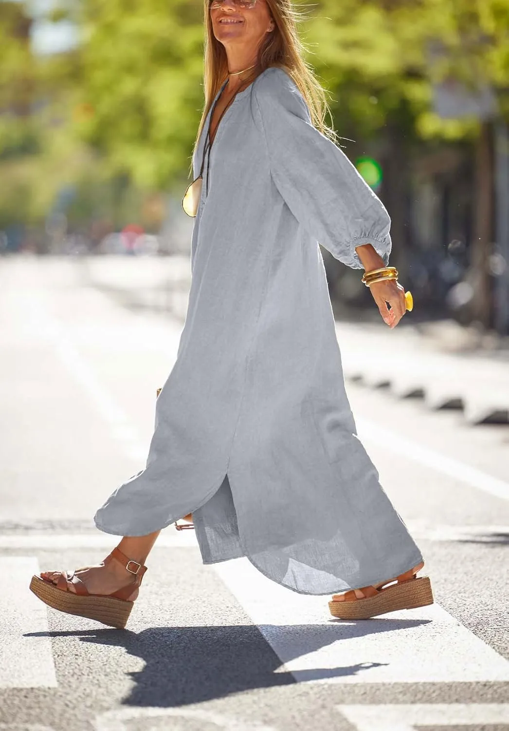 chouyatou Women Summer Long Sleeve Notch Neck Maxi Linen Shirt Dress Loose Button Down Tunic Shift Dress