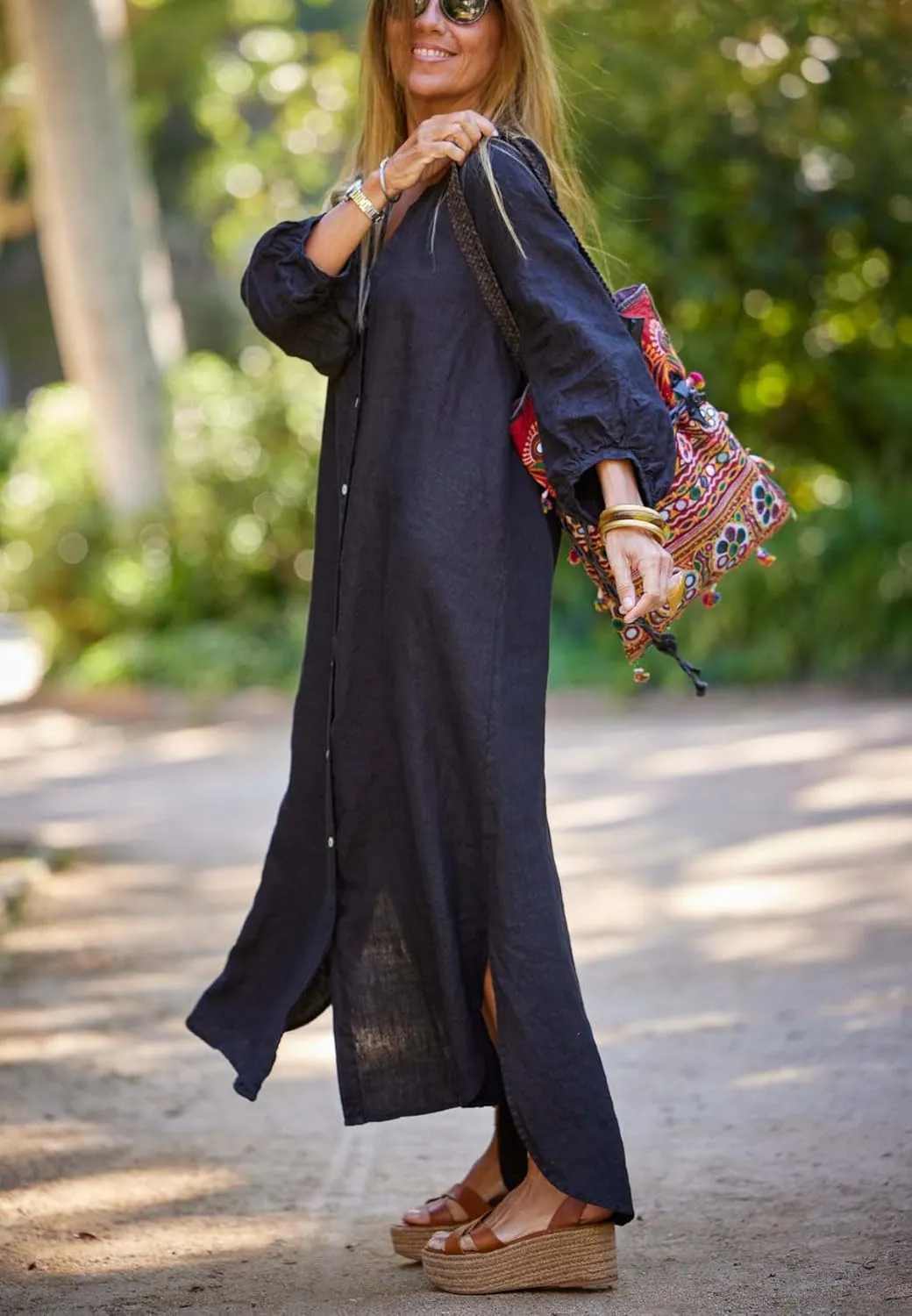 chouyatou Women Summer Long Sleeve Notch Neck Maxi Linen Shirt Dress Loose Button Down Tunic Shift Dress