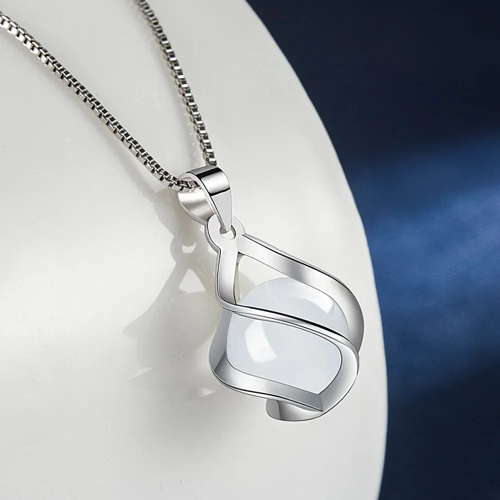 Elegant Silver Plated White Opal Moonstone Pendant Necklace