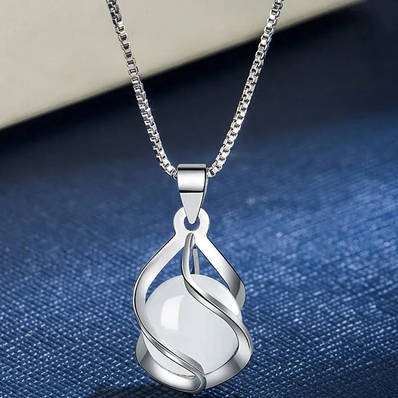 Elegant Silver Plated White Opal Moonstone Pendant Necklace