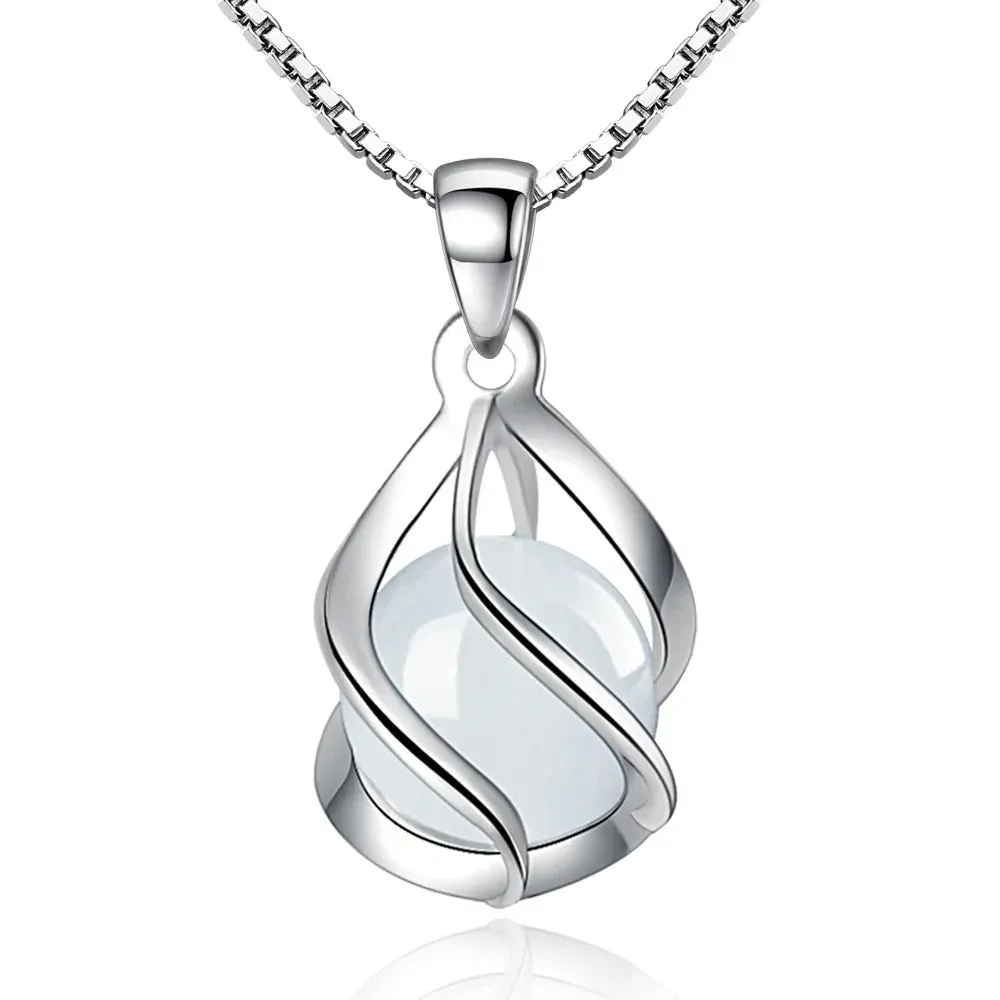 Elegant Silver Plated White Opal Moonstone Pendant Necklace