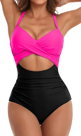 Eomenie Women's One Piece Swimsuits Tummy Control Cutout High Waisted Bathing Suit Wrap Tie Back 1 Piece Swimsuit