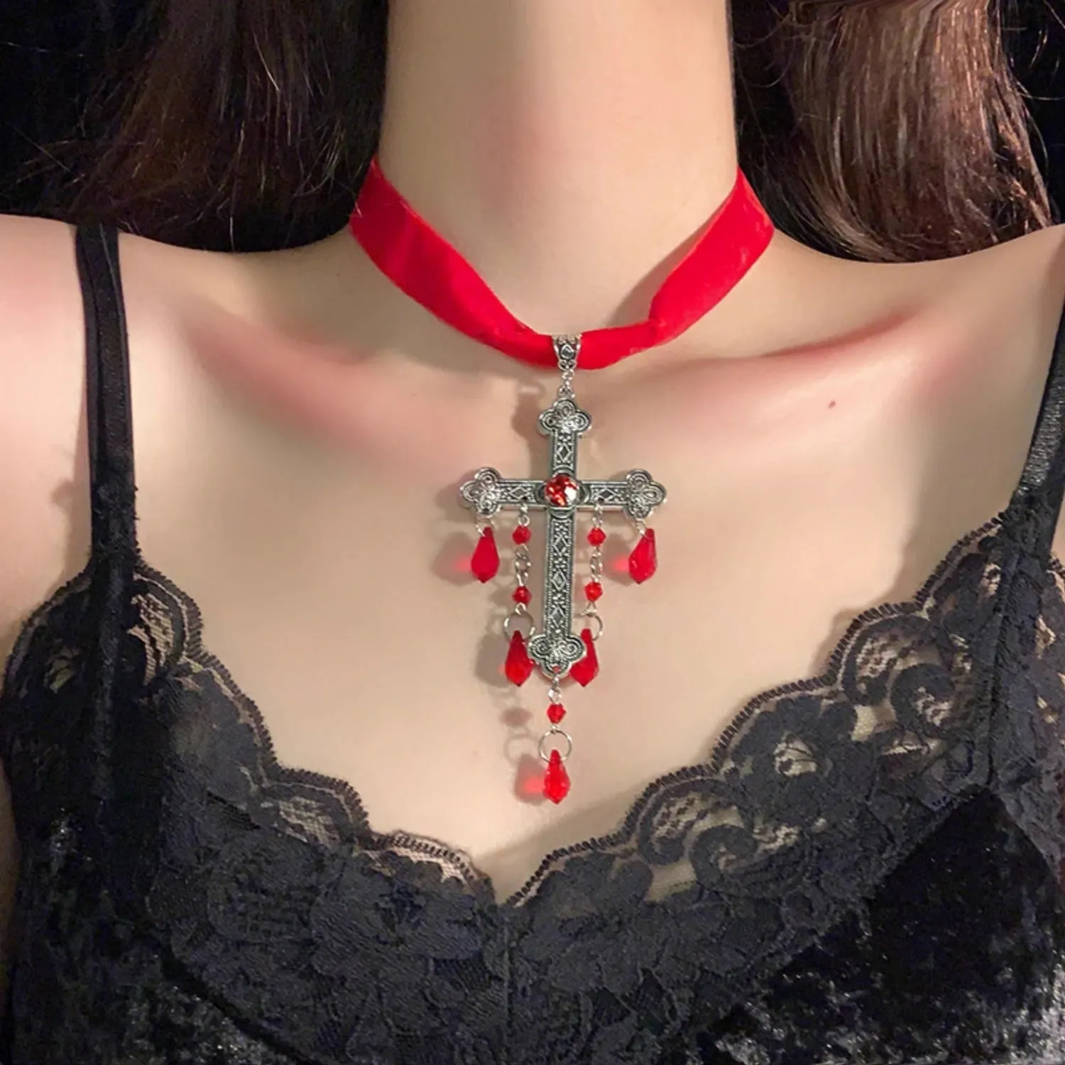 Exaggerated Gothic Blood Drop Cross Necklace