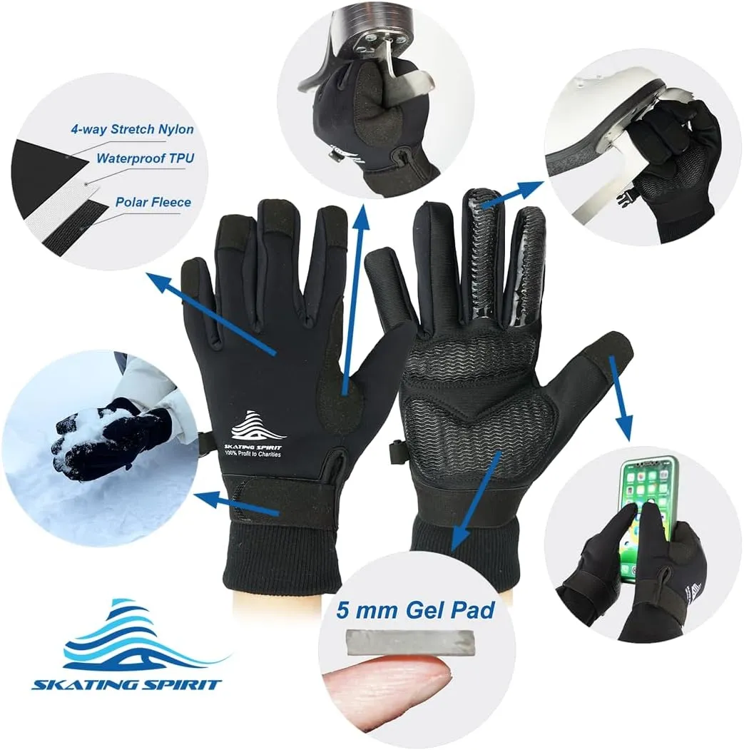 Gel Padded Thermal Gloves (1 Pair) with Wrist Straps, for Ice Figure Skating Skiing Snowboarding Winter Sports, Water Resistance Warm Flexible, Kids Adults Men & Women