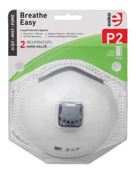 Handy 2 Pack - Esko Breathe Easy Disposable Valved Dust / Mist Respirator Masks P2 Rated