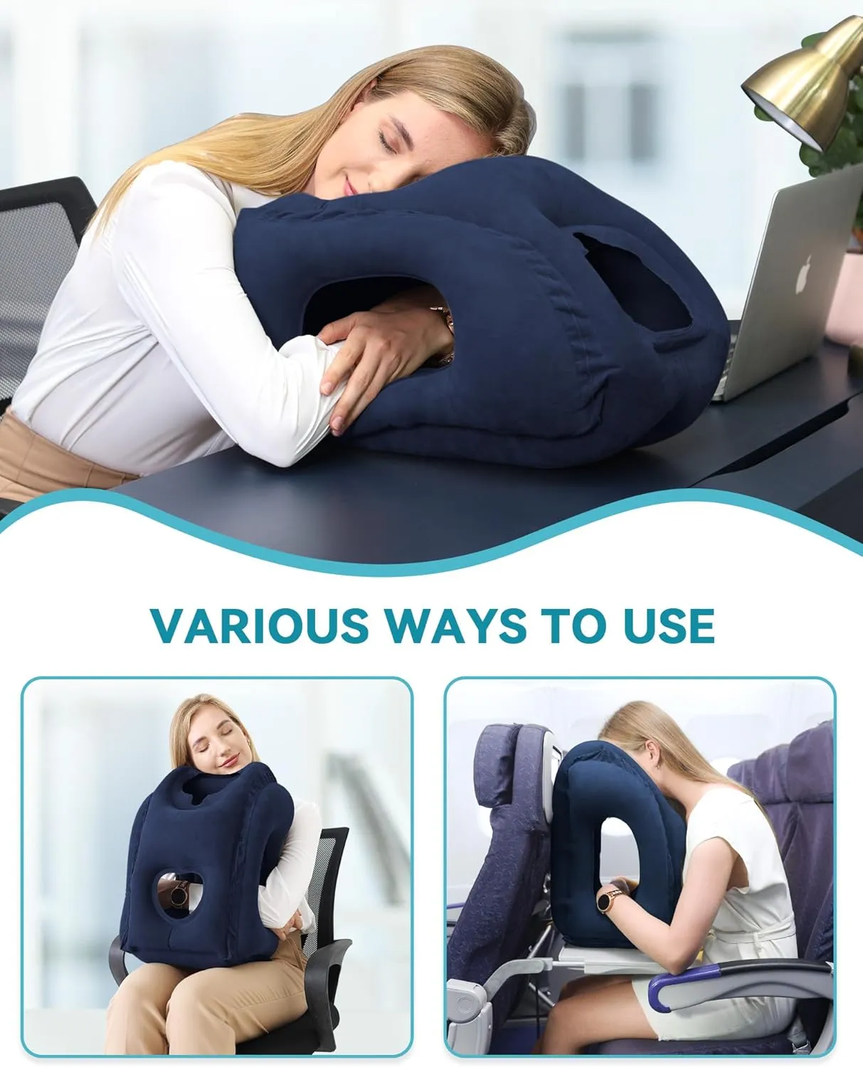 JefDiee Inflatable Travel Pillow, Airplane Neck Pillow Comfortably Supports Head and Chin for Airplanes, Trains, Cars and Office Napping with 3D Eye Mask, Earplugs and Portable Drawstring Bag (Blue)