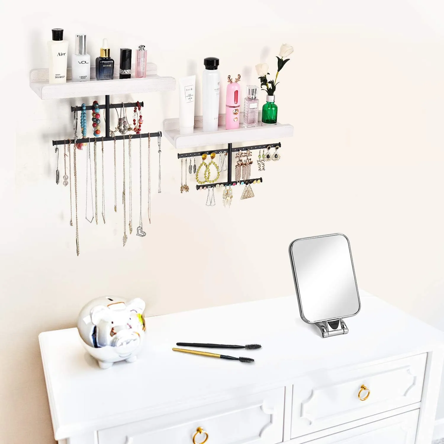 Keebofly Hanging Wall Mounted Jewelry Organizer with Rustic Wood Jewelry Holder Display for Necklaces Bracelet Earrings Ring Set of 2 White,[Patented]