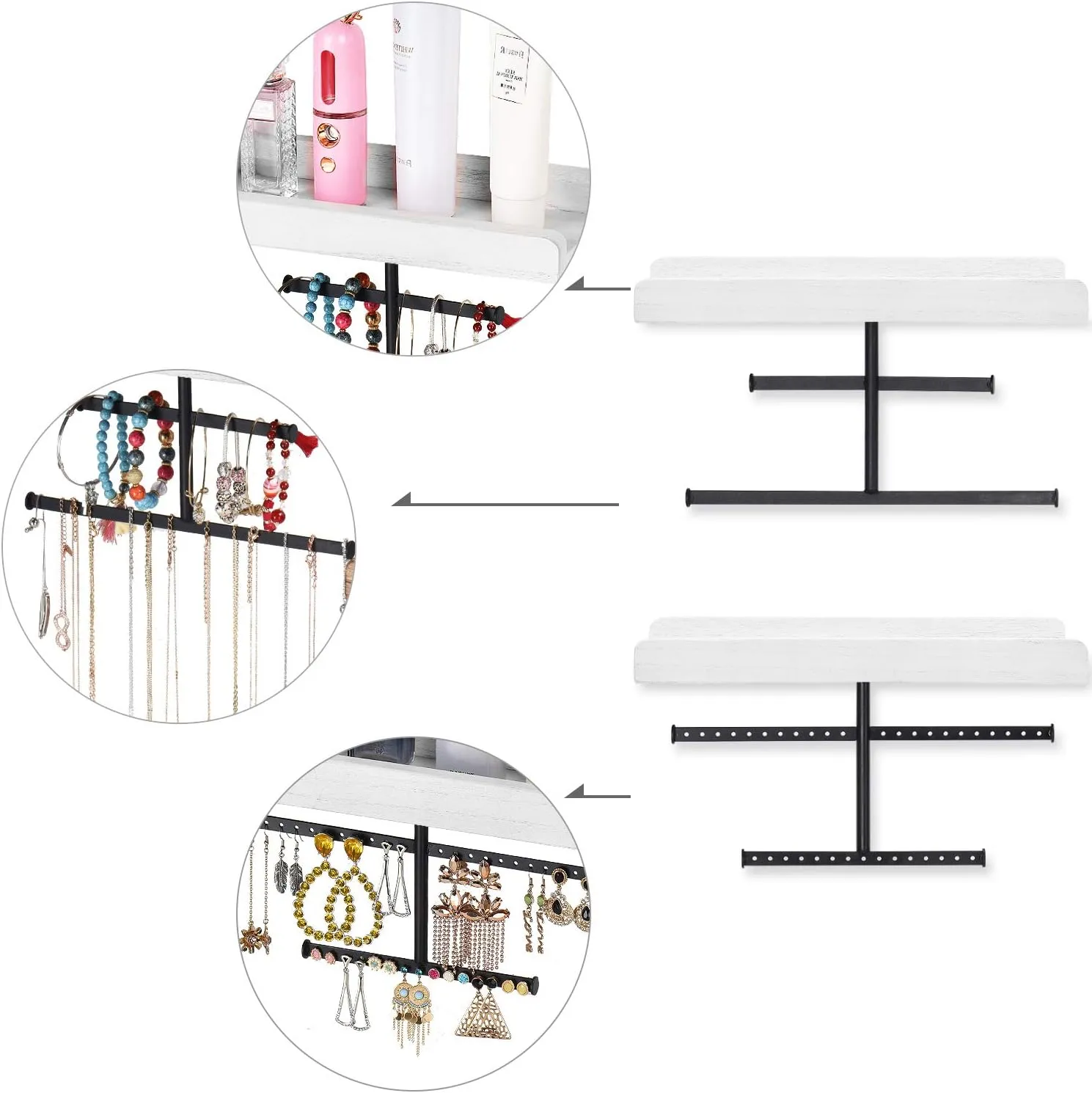 Keebofly Hanging Wall Mounted Jewelry Organizer with Rustic Wood Jewelry Holder Display for Necklaces Bracelet Earrings Ring Set of 2 White,[Patented]