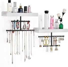 Keebofly Hanging Wall Mounted Jewelry Organizer with Rustic Wood Jewelry Holder Display for Necklaces Bracelet Earrings Ring Set of 2 White,[Patented]