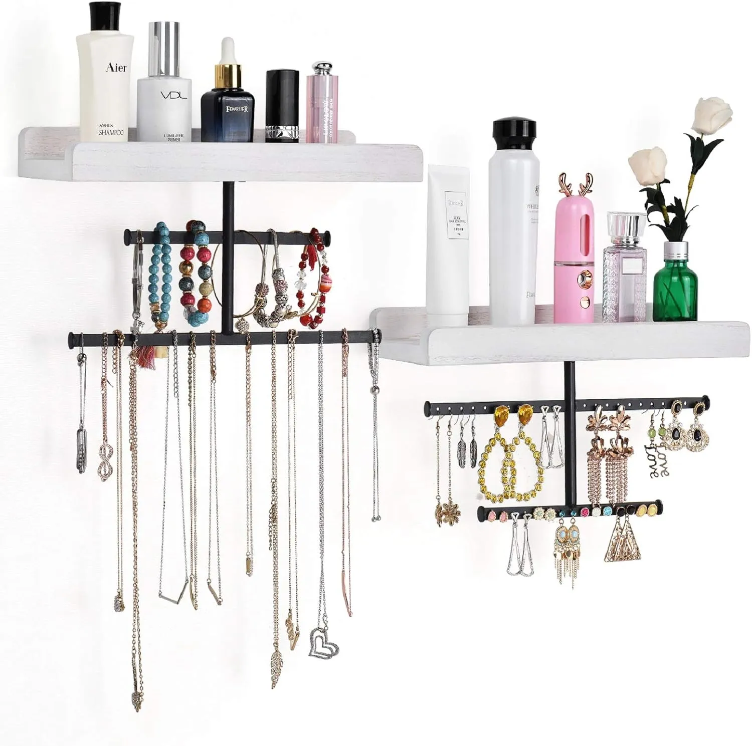 Keebofly Hanging Wall Mounted Jewelry Organizer with Rustic Wood Jewelry Holder Display for Necklaces Bracelet Earrings Ring Set of 2 White,[Patented]